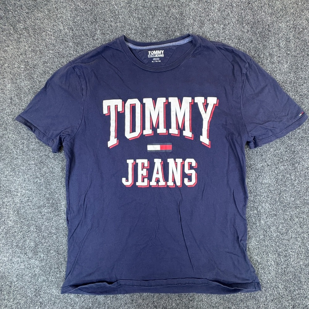 Tommy Jeans T-Shirt Mens XL Navy Blue Spellout Logo Cotton Crew Neck Casual